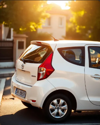 White Toyota hatchback in golden sunlight
