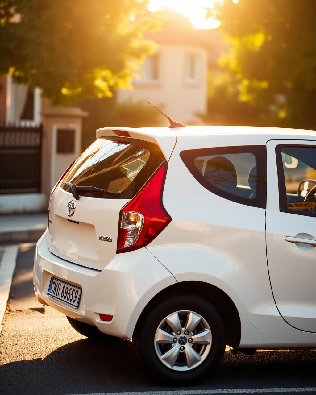 Clean white economy hatchback parked on a sunny residential street